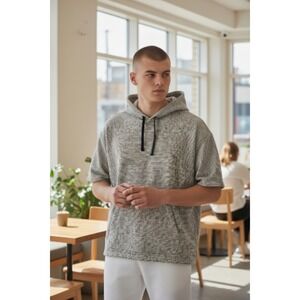 NWT Hollister XL Mens Short Sleeve Beige Striped Pullover Hoodie Sweatshirt Gym